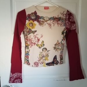 Vintage Itsus Women's Victorian Chrubs & Butterflies Romantic Graphic L/S Tee S